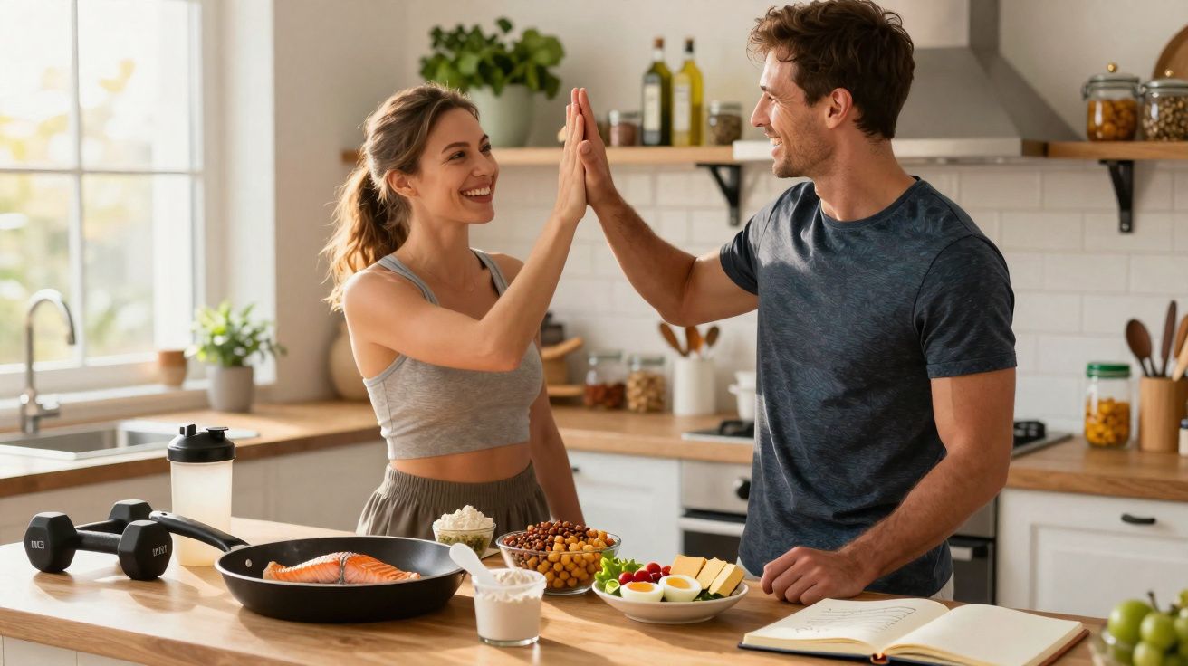 Casal sorridente na cozinha preparando refeição saudável e celebrando com toque de mãos.