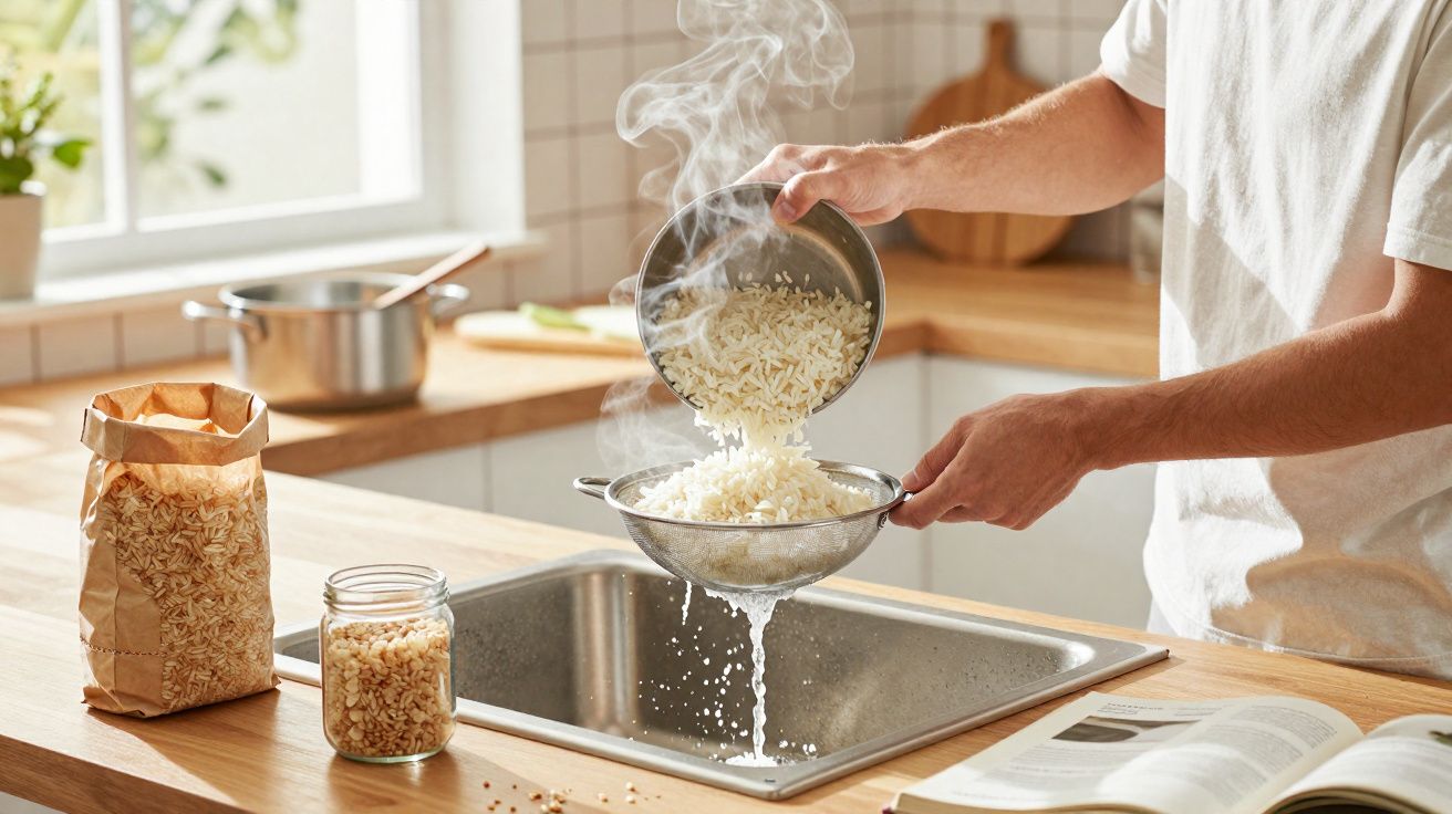 Pessoa escorrendo arroz branco cozido em peneira sobre pia em cozinha iluminada.
