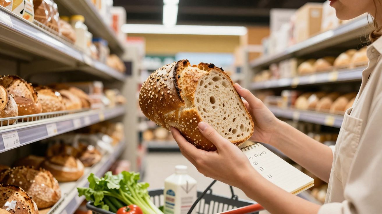 Pessoa segurando pão com sementes e checando lista de compras em supermercado na seção de pães.