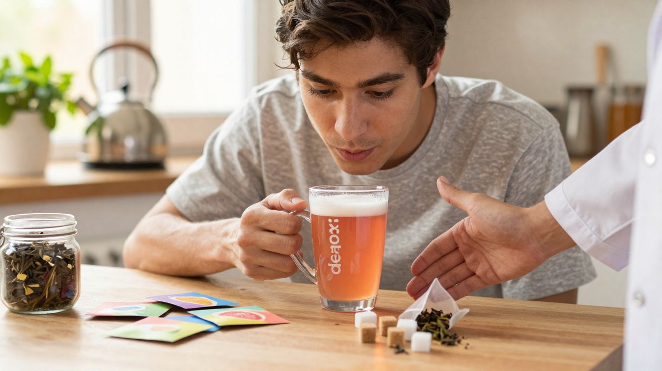 Jovem segurando copo de chá com infusão e sachês de chá sobre mesa de madeira em ambiente claro.