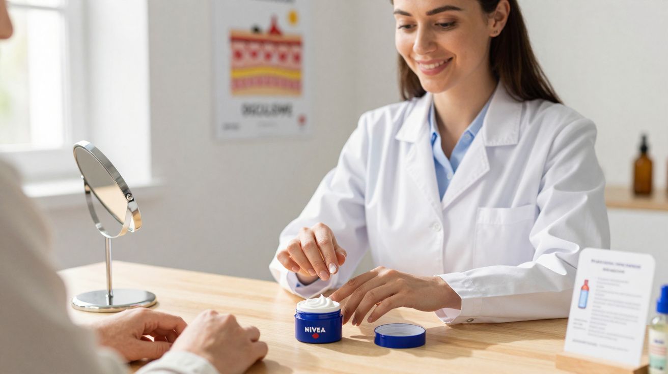 Mulher em jaleco aplicando creme Nivea durante consulta em clínica de dermatologia.