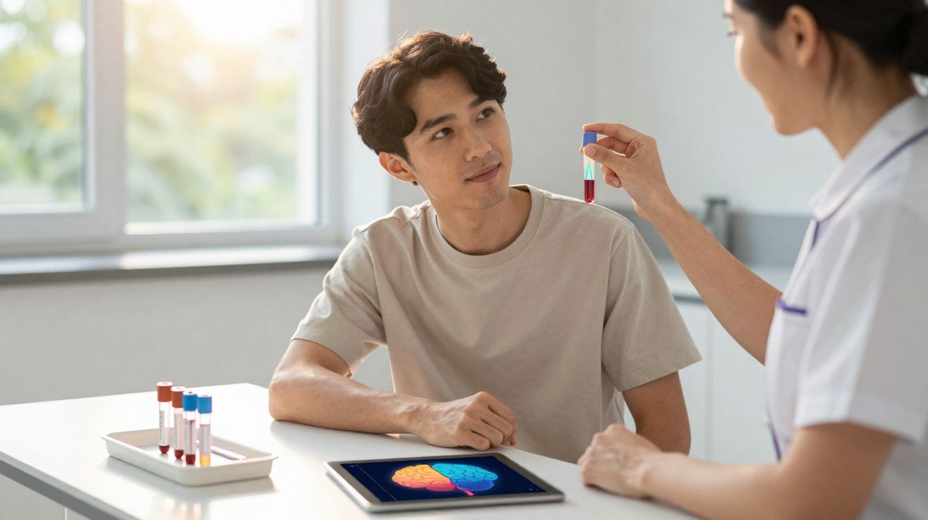 Jovem observa profissional de saúde segurando tubo de sangue durante consulta com tablet mostrando cérebro na mesa.