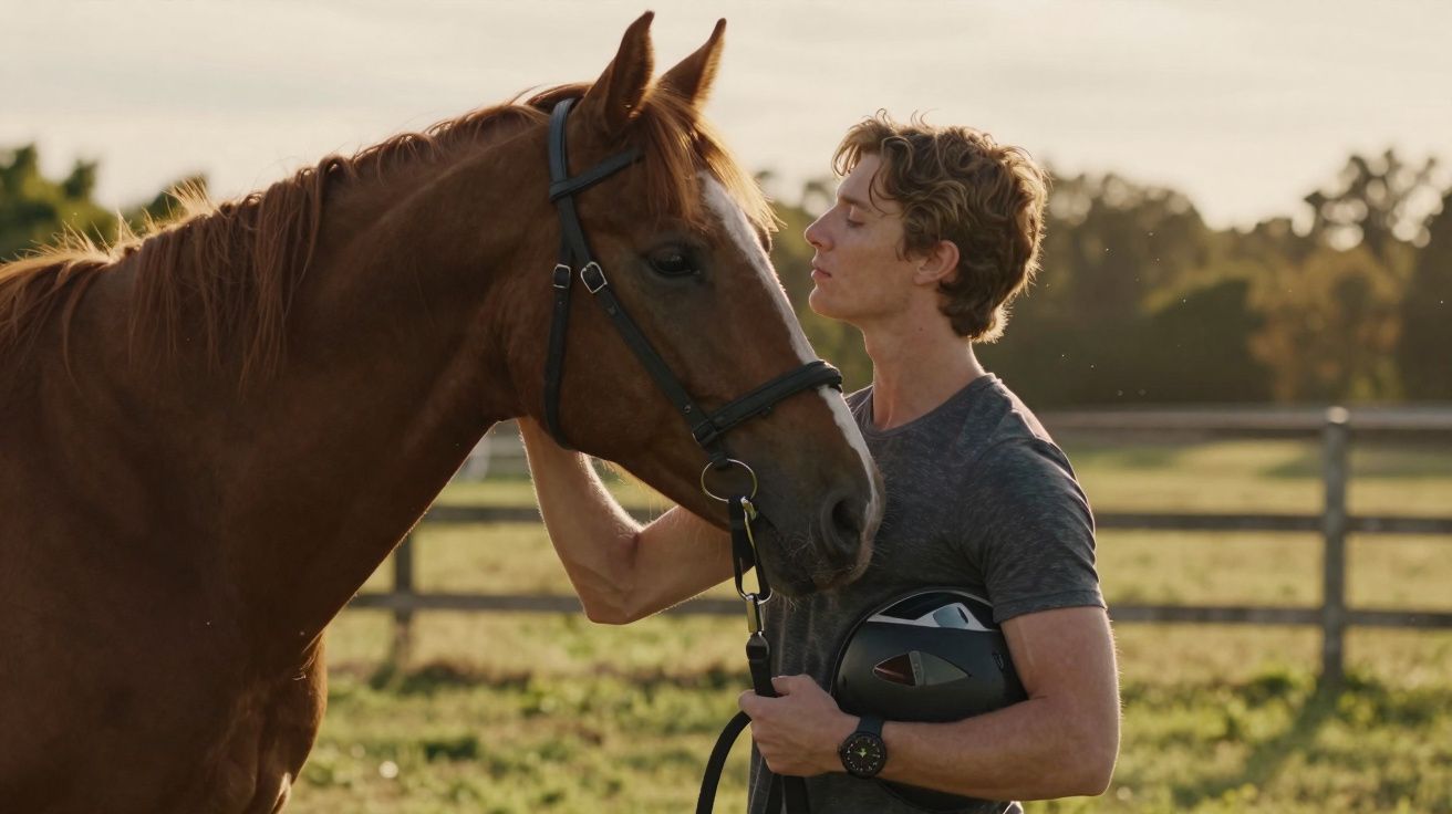 Jovem acaricia a cabeça de um cavalo marrom em campo aberto ao entardecer, segurando capacete de equitação.