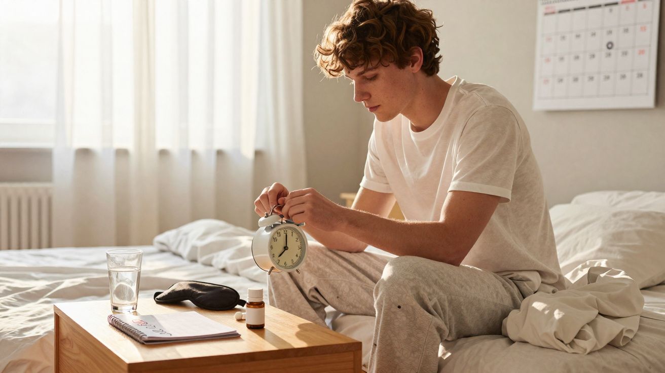 Jovem sentado na cama ajustando um despertador, com vidro d'água, frascos e caderno na mesa ao lado.