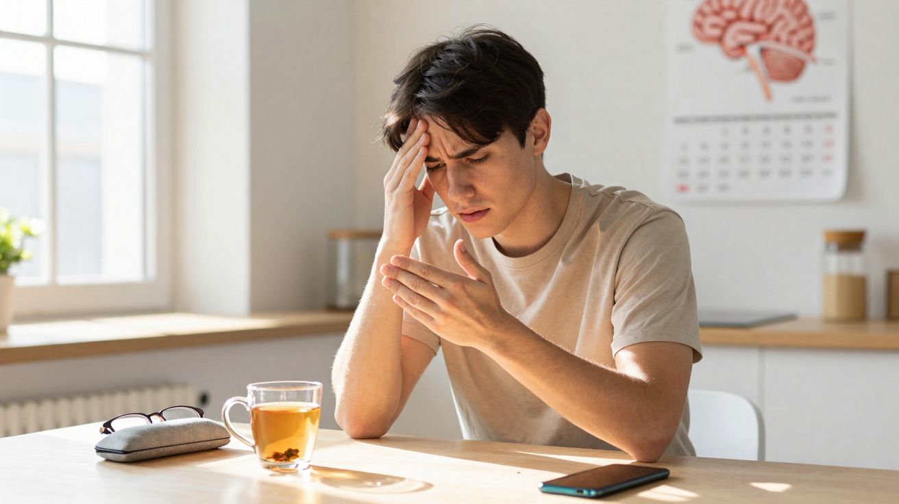Jovem sentado em mesa com expressão de dor, segurando a cabeça e a testa, com copo de chá e celular à frente.