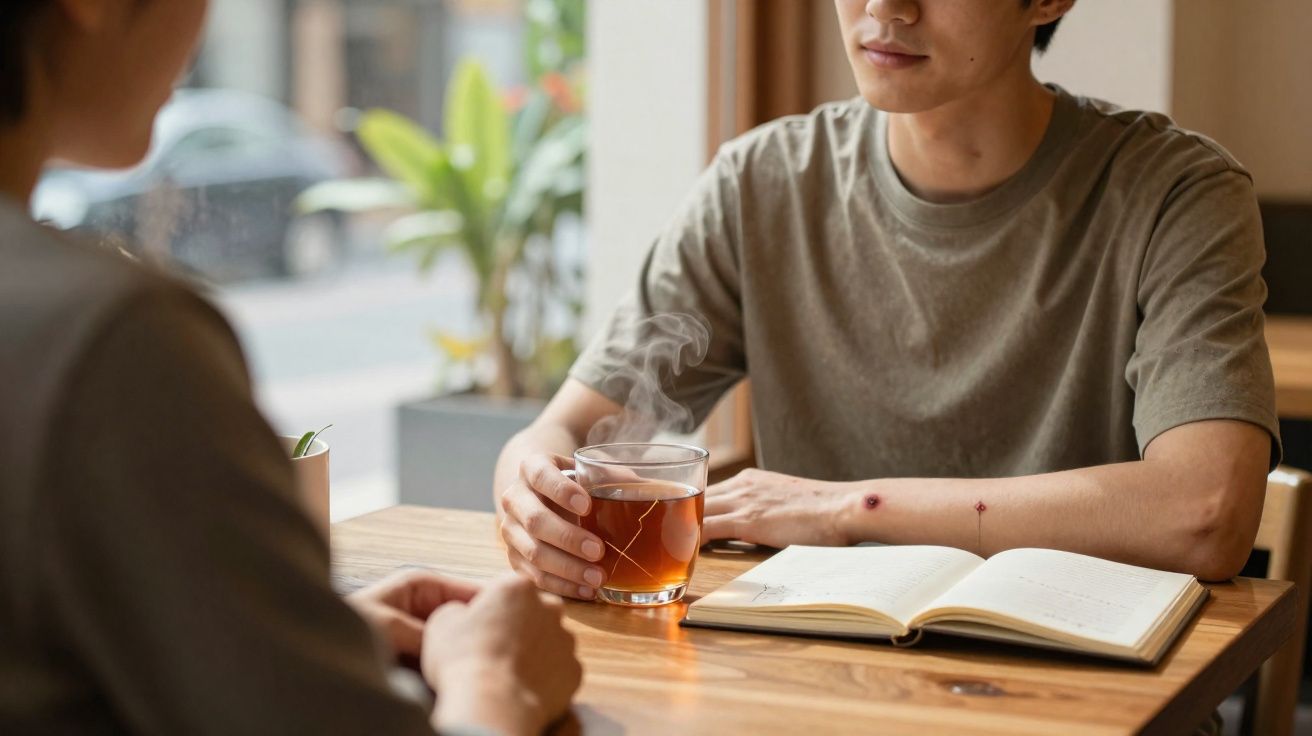 Duas pessoas conversando em mesa, uma segurando xícara de chá quente, com caderno aberto à frente.