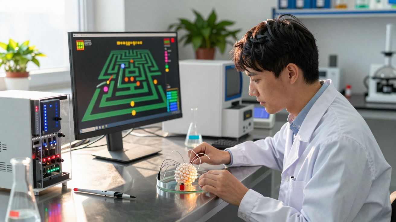 Jovem cientista em laboratório ajusta dispositivo esférico conectado a equipamentos eletrônicos e monitor com gráfico.