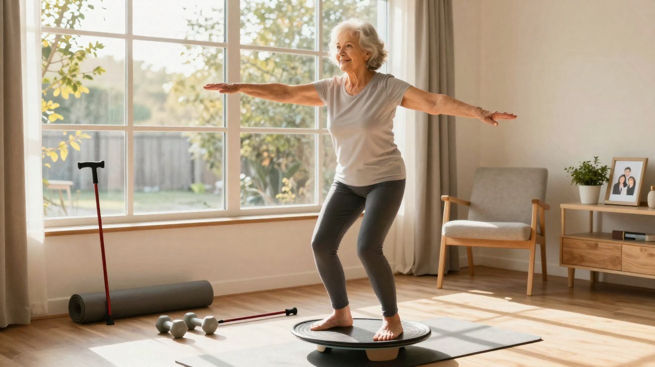 Idosa exercitando equilíbrio em plataforma de equilíbrio na sala com luz natural e equipamentos de ginástica.