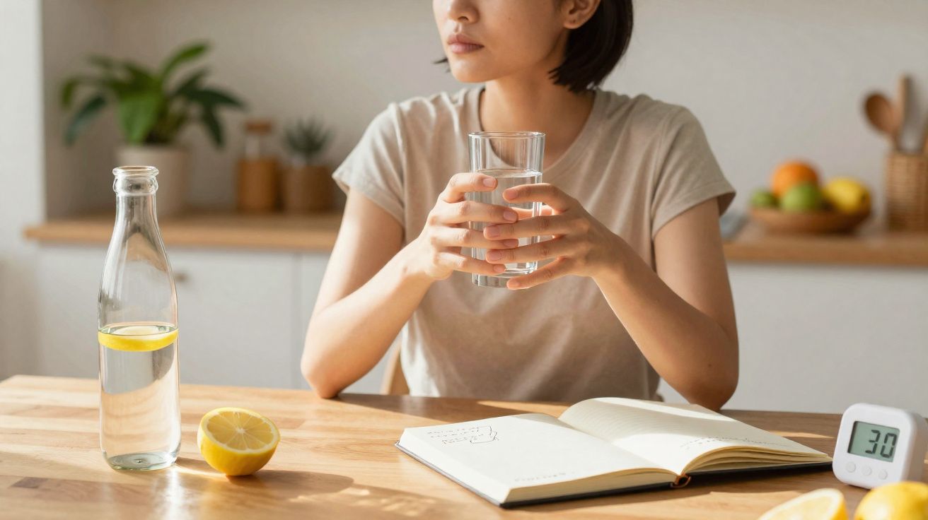 Mulher sentada à mesa segurando copo de água, com livro aberto, garrafa e limão sobre a mesa.