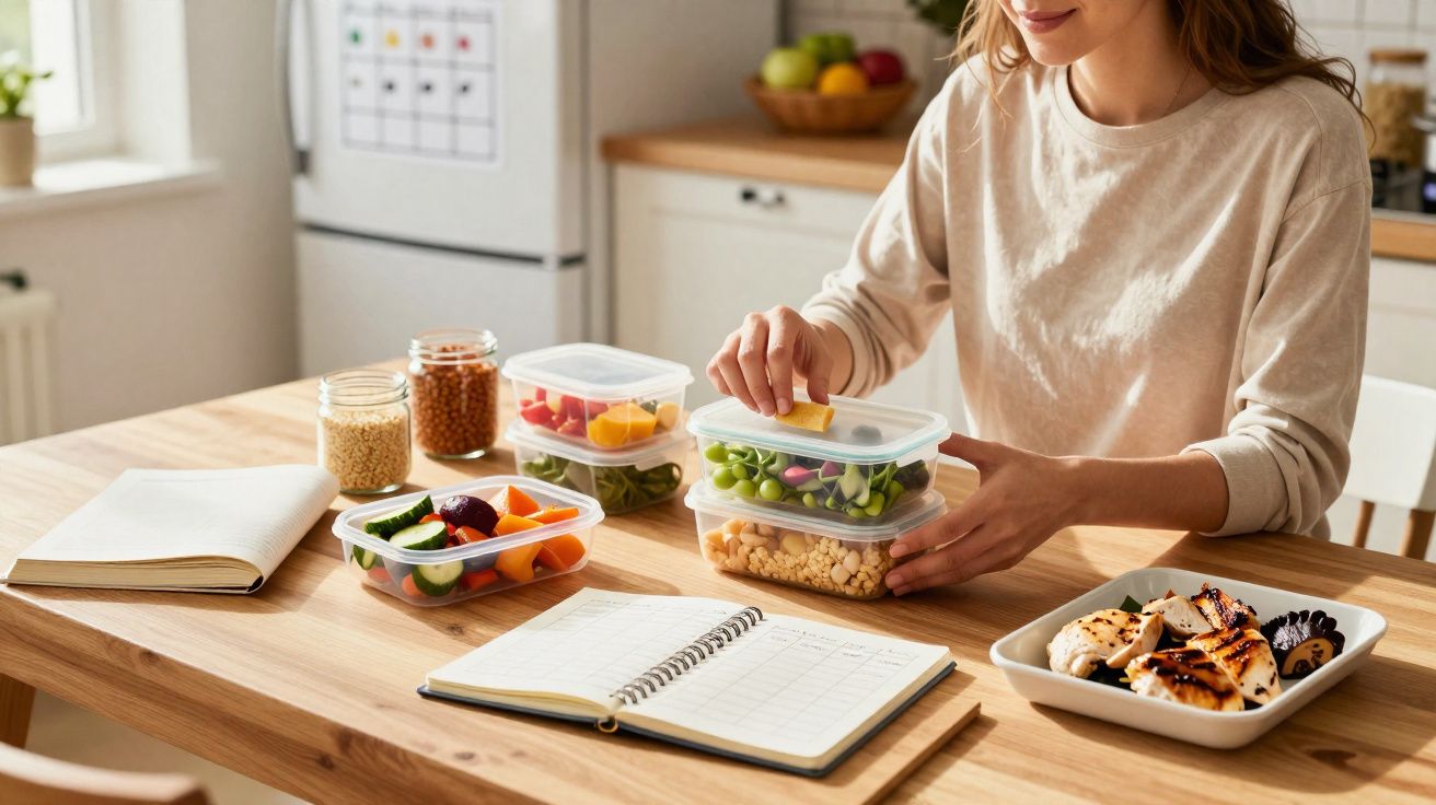Mulher organizando marmitas com alimentos saudáveis em potes plásticos na mesa da cozinha.