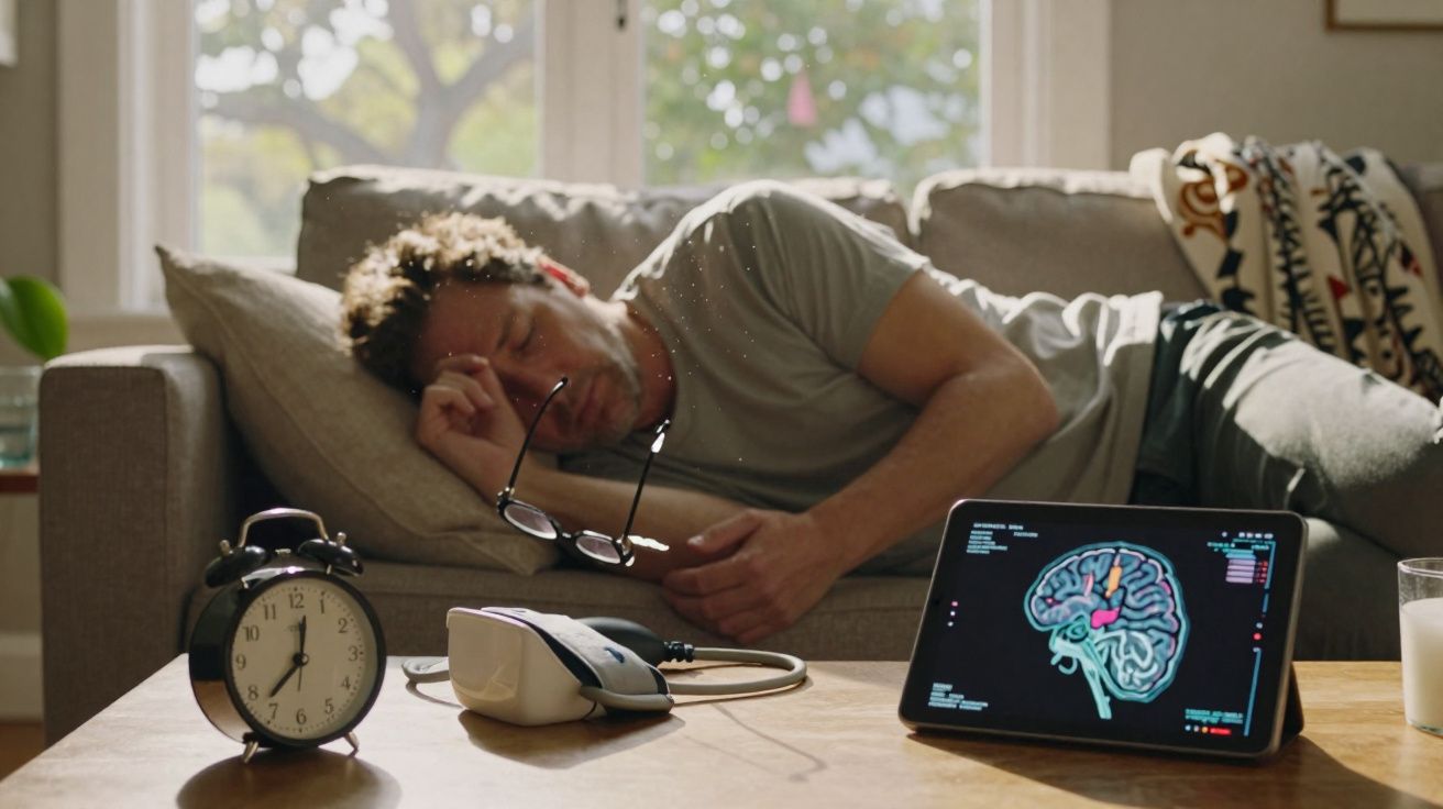 Homem cansado deitado no sofá, com relógio, oxímetro e tablet mostrando imagem de cérebro na mesa.
