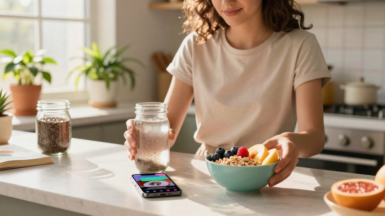 Mulher segurando copo com água e tigela com frutas e granola em cozinha iluminada pela manhã.