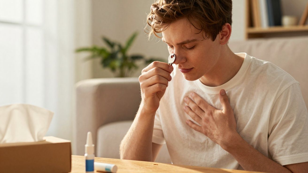 Jovem com expressão de desconforto usando um spray nasal em casa, sentindo dor no peito.