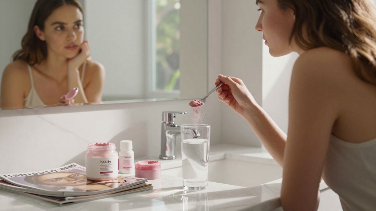 Mulher mexendo pó rosa em copo d'água no banheiro, com potes de cosméticos e revista ao lado.