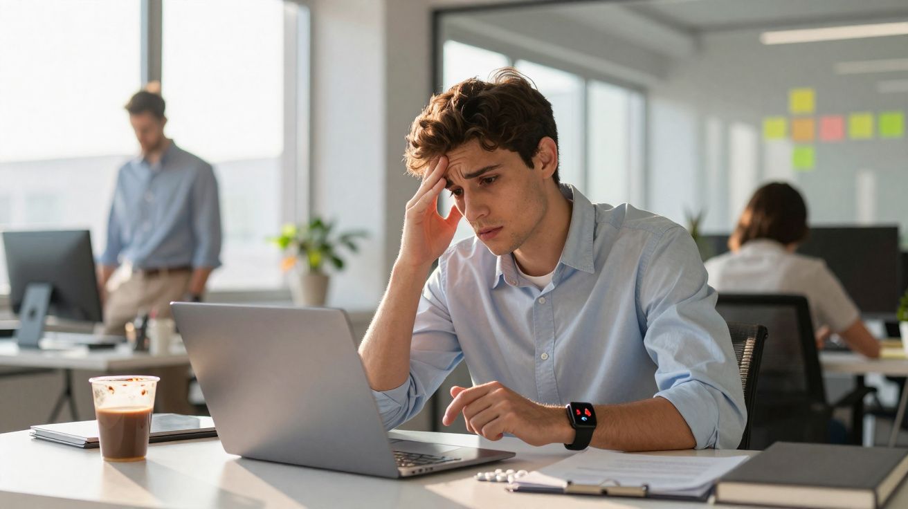 Homem jovem preocupado trabalhando em laptop em escritório moderno com colegas ao fundo.