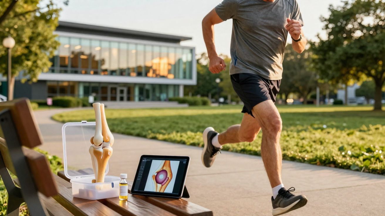 Homem correndo em parque próximo a modelo e tablet com imagem do joelho.