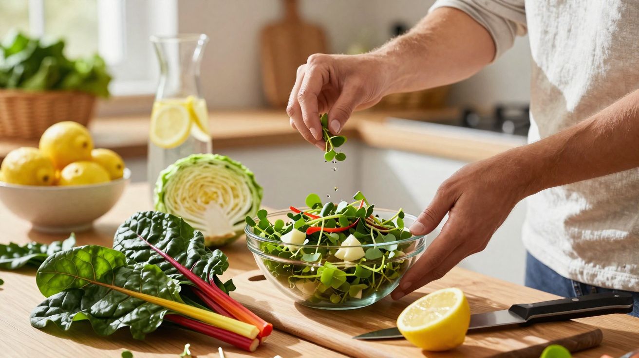 Pessoa temperando salada com folhas verdes e legumes frescos em tigela transparente na cozinha.