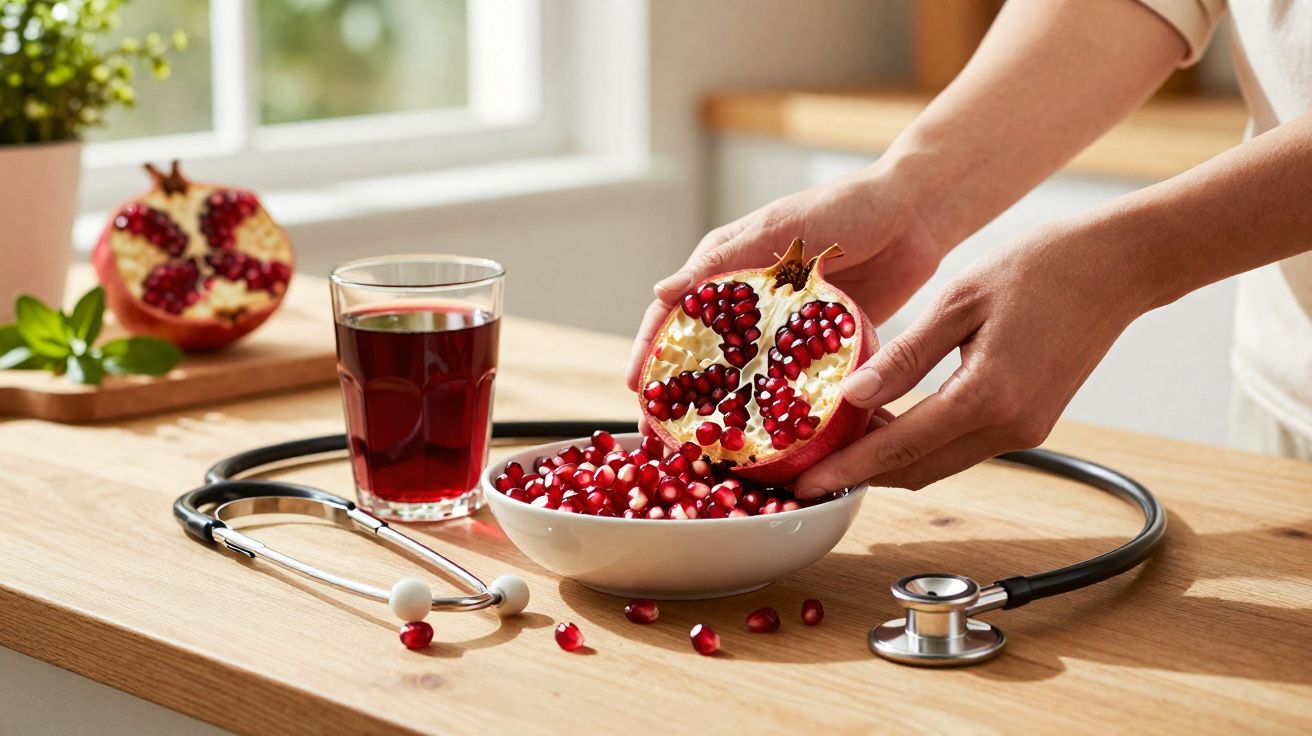Pessoa segurando uma romã cortada sobre uma tigela com sementes, copo de suco e estetoscópio na mesa.