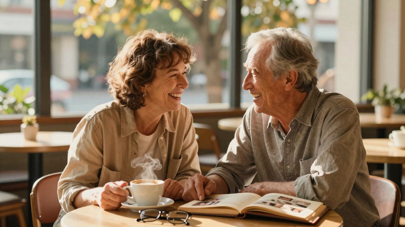 Casal idoso sorrindo e conversando em café, com livro aberto e xícara de café fumegante na mesa.