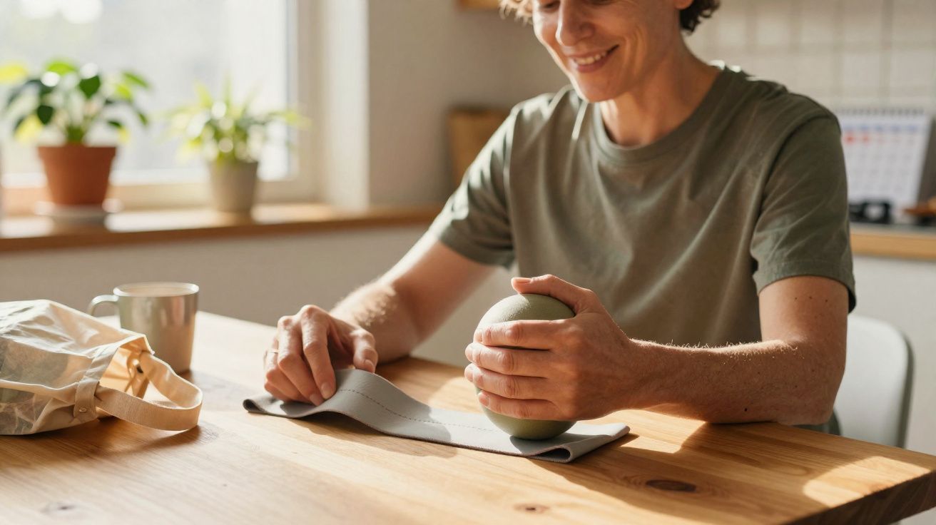 Pessoa sentada sorrindo enquanto massageia a mão com bola de massagem em mesa de madeira.