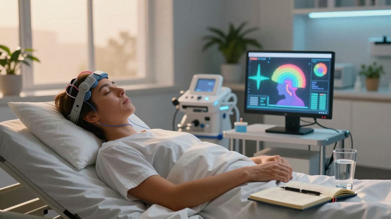 Mulher deitada com equipamento de eletroencefalograma na cabeça em ambiente clínico moderno.
