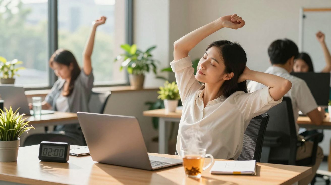 Mulher se alongando em mesa de escritório com laptop, chá e plantas ao fundo com outras pessoas.