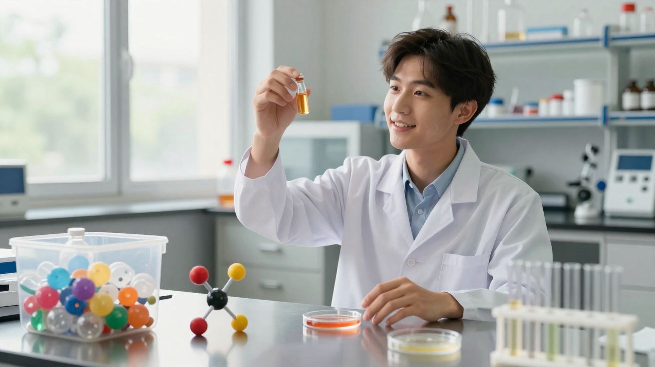 Jovem cientista em laboratório segurando um frasco com líquido laranja e sorrindo, ao lado de tubos e modelos moleculares.