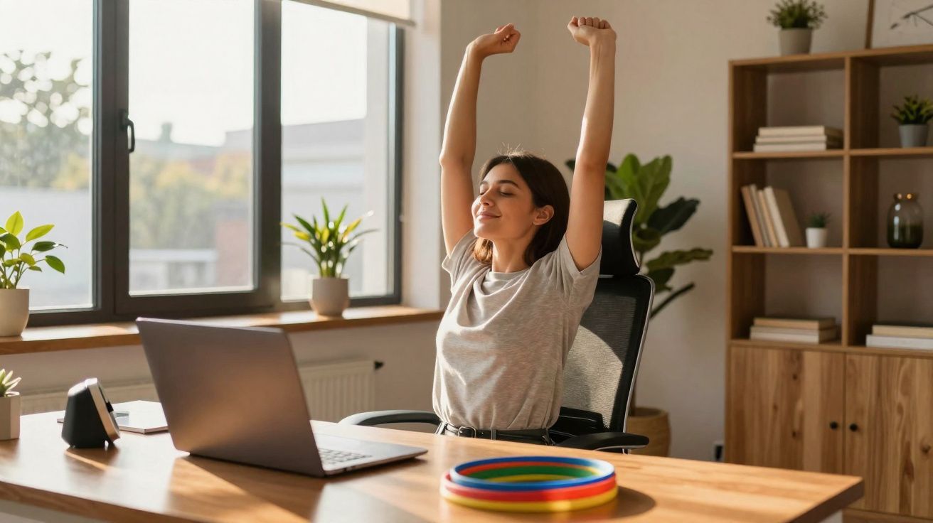 Mulher alongando os braços sentada em cadeira de escritório em frente a laptop e janela iluminada.
