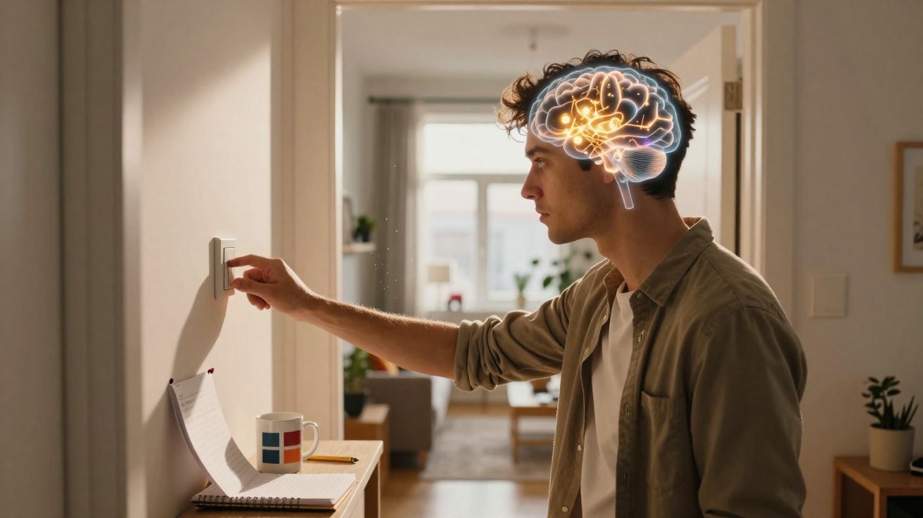 Homem em casa prestes a ligar interruptor com ilustração digital de cérebro iluminado sobre a cabeça.