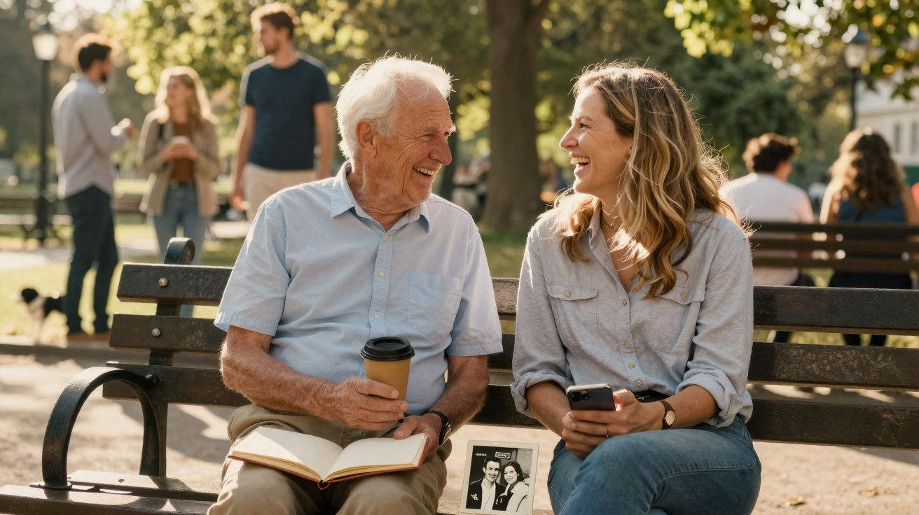 Homem idoso e mulher jovem sorrindo sentados em banco de parque, com livro, café e celular nas mãos.