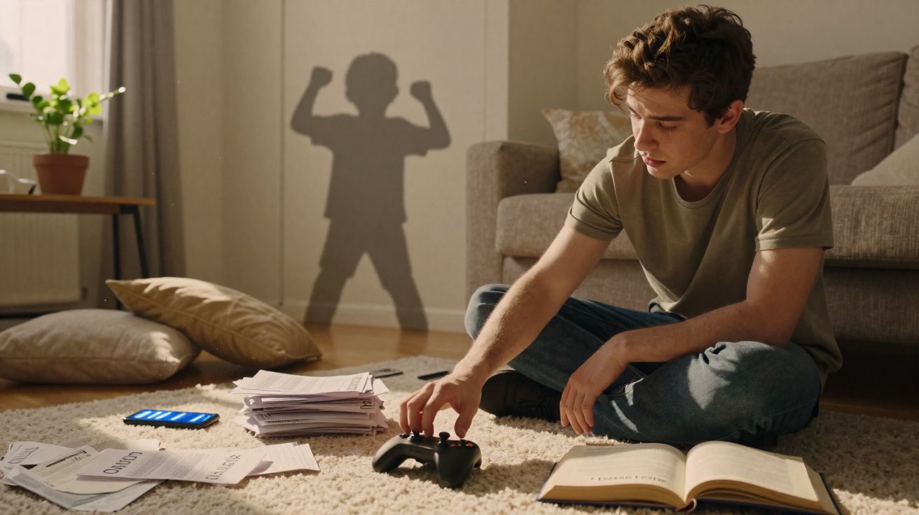 Jovem sentado no chão entre documentos com controle de videogame, sombra de criança mostrando força na parede.