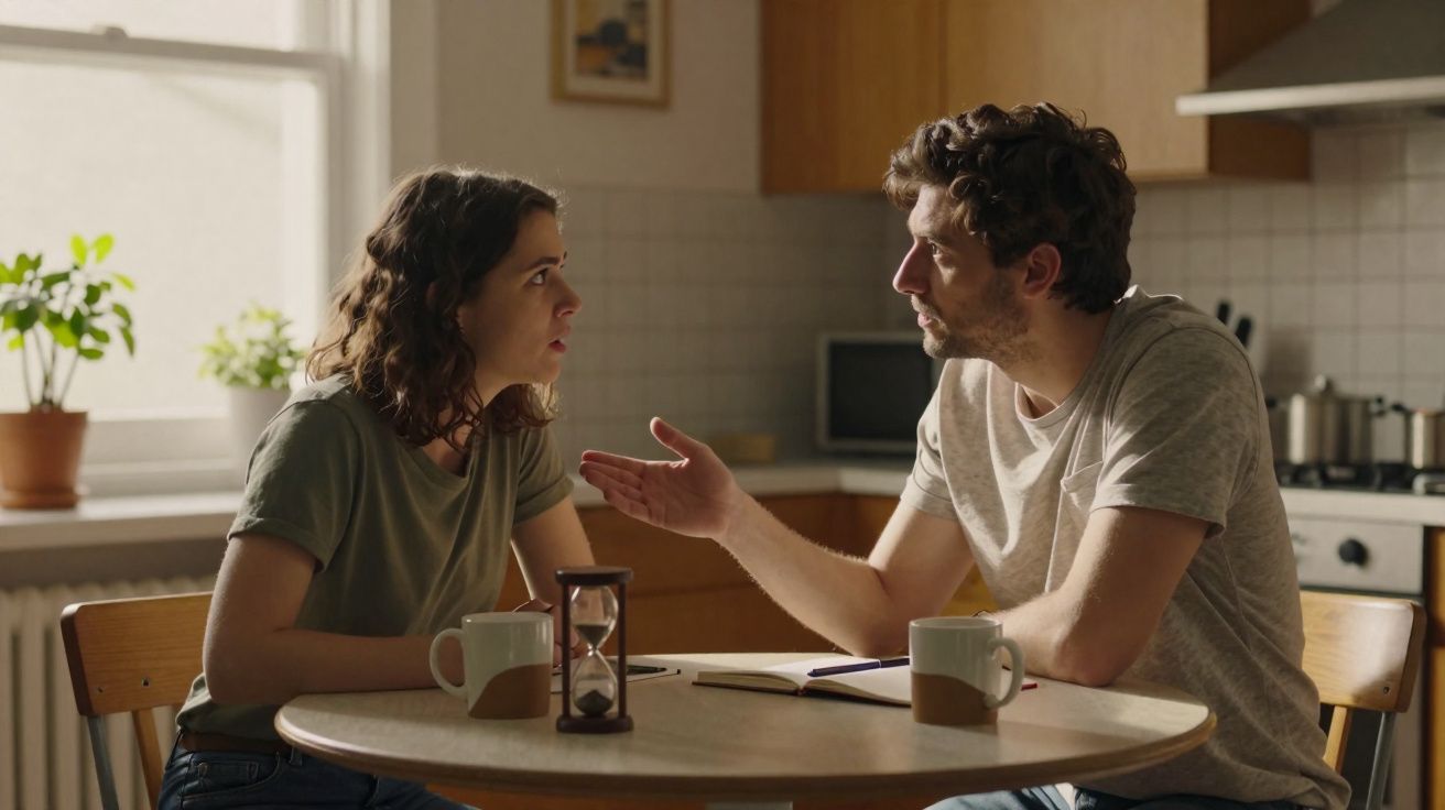 Casal sentado à mesa da cozinha discutindo com expressão séria e xícara de café à frente.