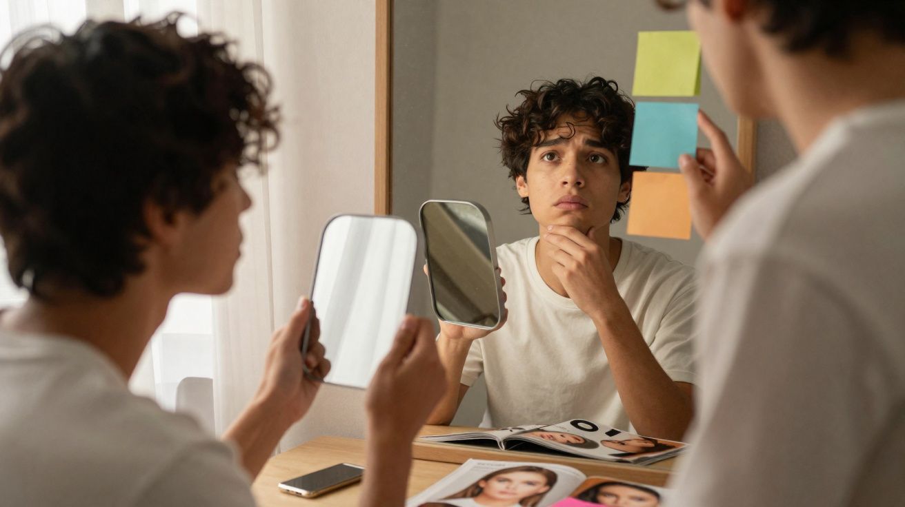 Pessoa jovem olhando para o espelho de mão em frente a um espelho maior com marcações coloridas na parede.