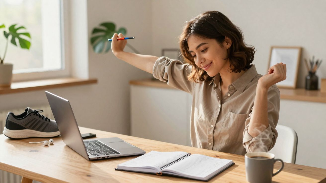 Mulher jovem se espreguiçando sentada em mesa com notebook, caderno, tênis e xícara de café.