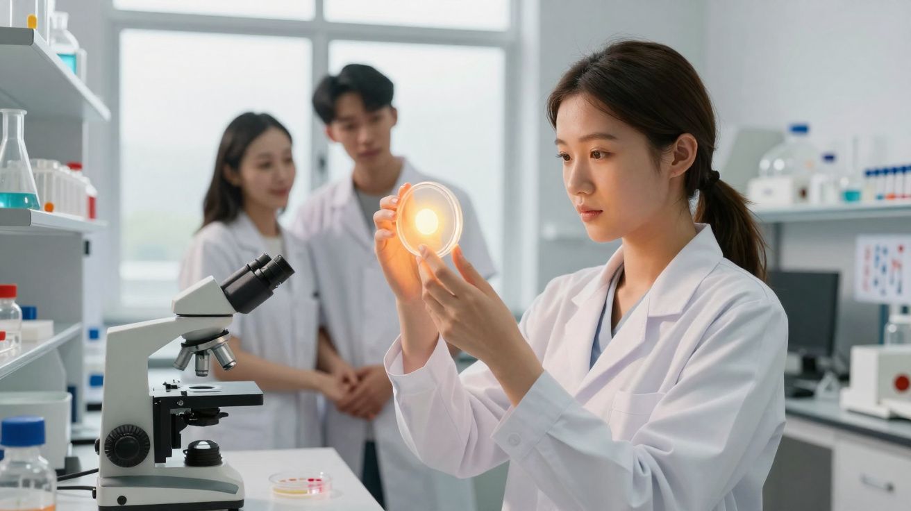 Mulher cientista analisa placa de Petri iluminada em laboratório com colegas ao fundo usando jalecos brancos.