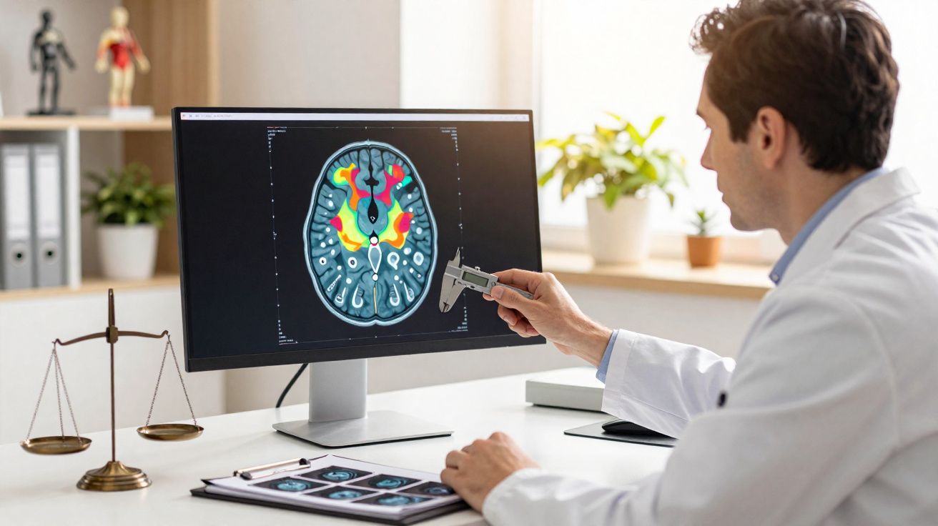 Médico analisando imagem colorida de exame cerebral em monitor de computador em consultório com balança na mesa.