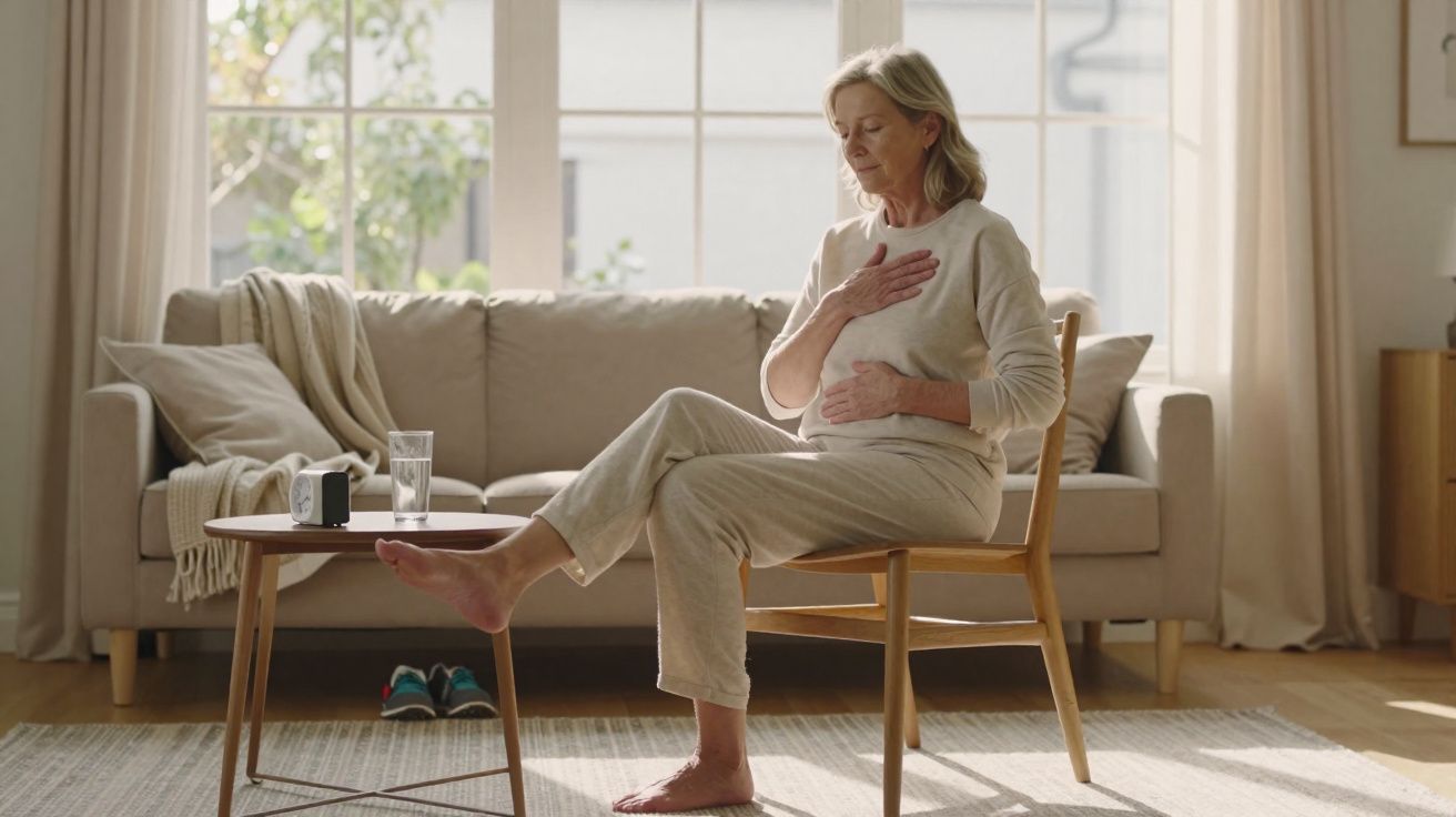Mulher idosa sentada em cadeira faz exercícios respiratórios em sala iluminada por luz natural.