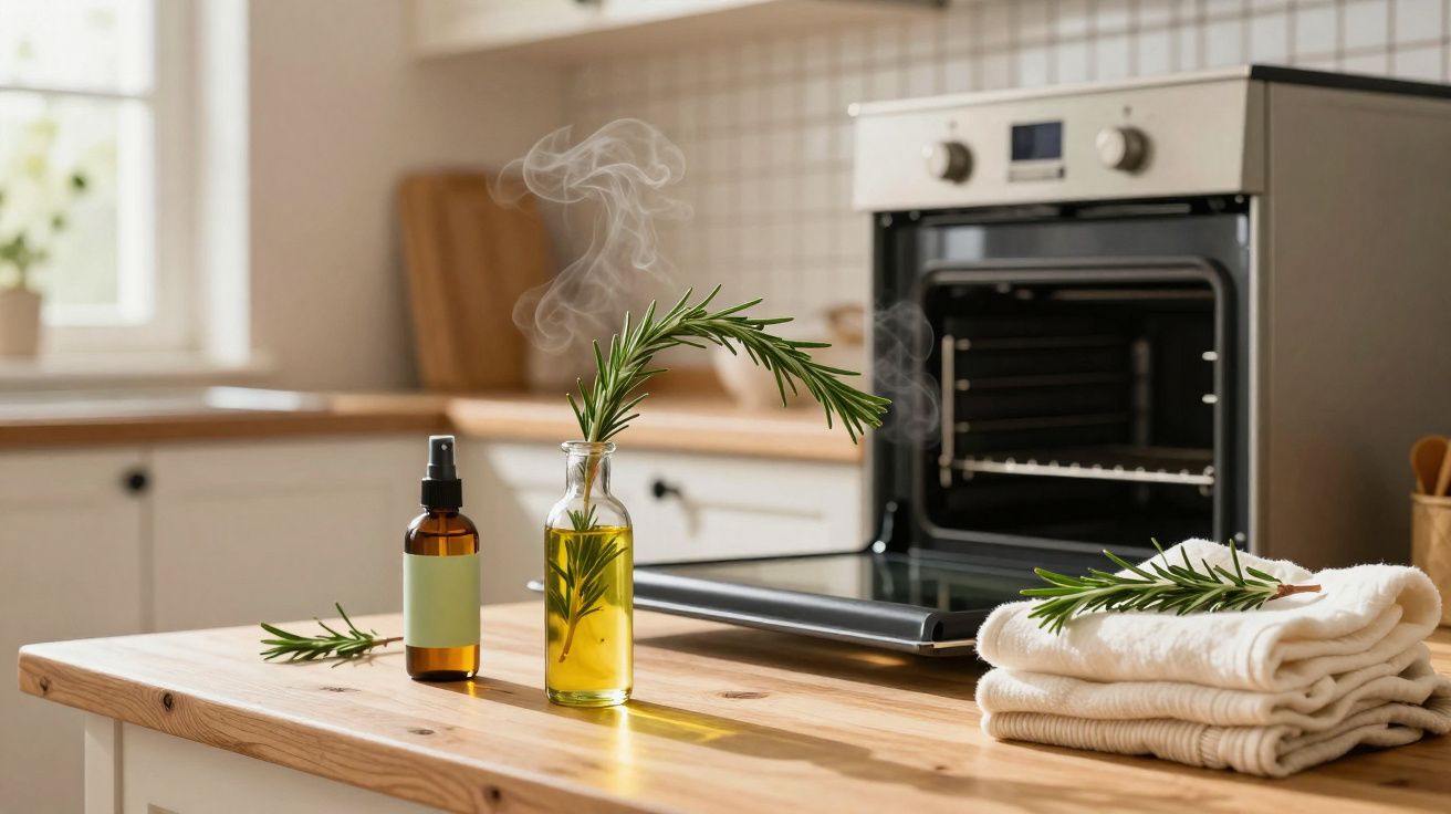 Aromatizador caseiro com raminhos de alecrim e óleo, ao lado de forno aberto e toalhas na bancada da cozinha.