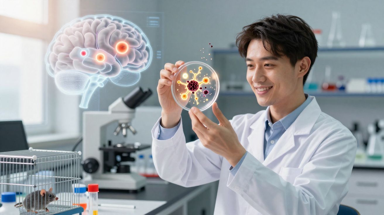 Cientista em laboratório analisando cultura bacteriana em placa de petri com imagem gráfica de cérebro humano.