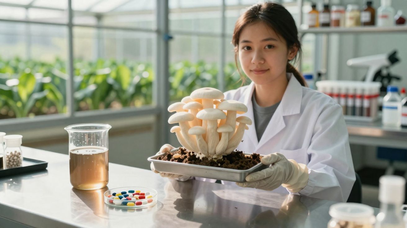 Mulher com jaleco segurando bandeja com cogumelos brancos em laboratório de pesquisa científica.
