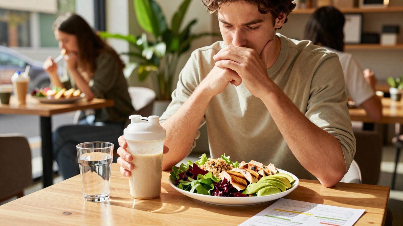 Homem pensativo segurando copo com shake ao lado de prato com salada saudável em restaurante.