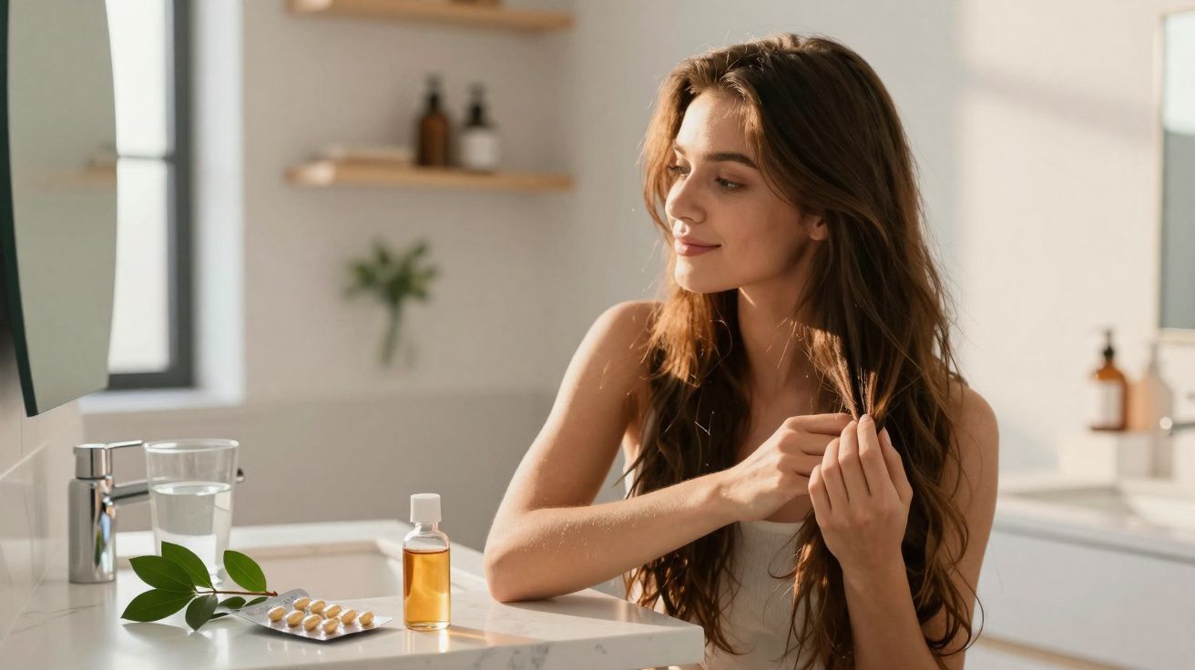 Mulher analisando as pontas do cabelo em banheiro com luz natural, ao lado de frascos e comprimidos na pia.