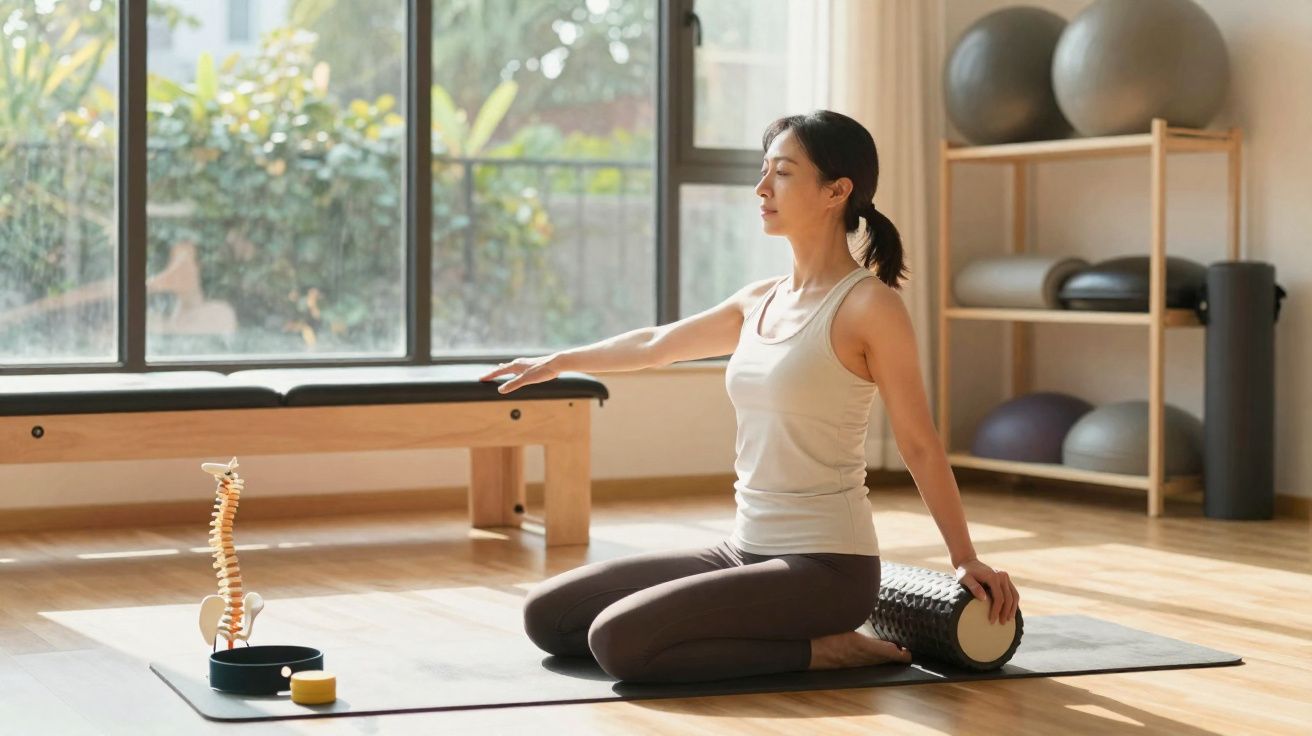 Mulher praticando alongamento sentada no chão com rolo de massagem em ambiente com luz natural.