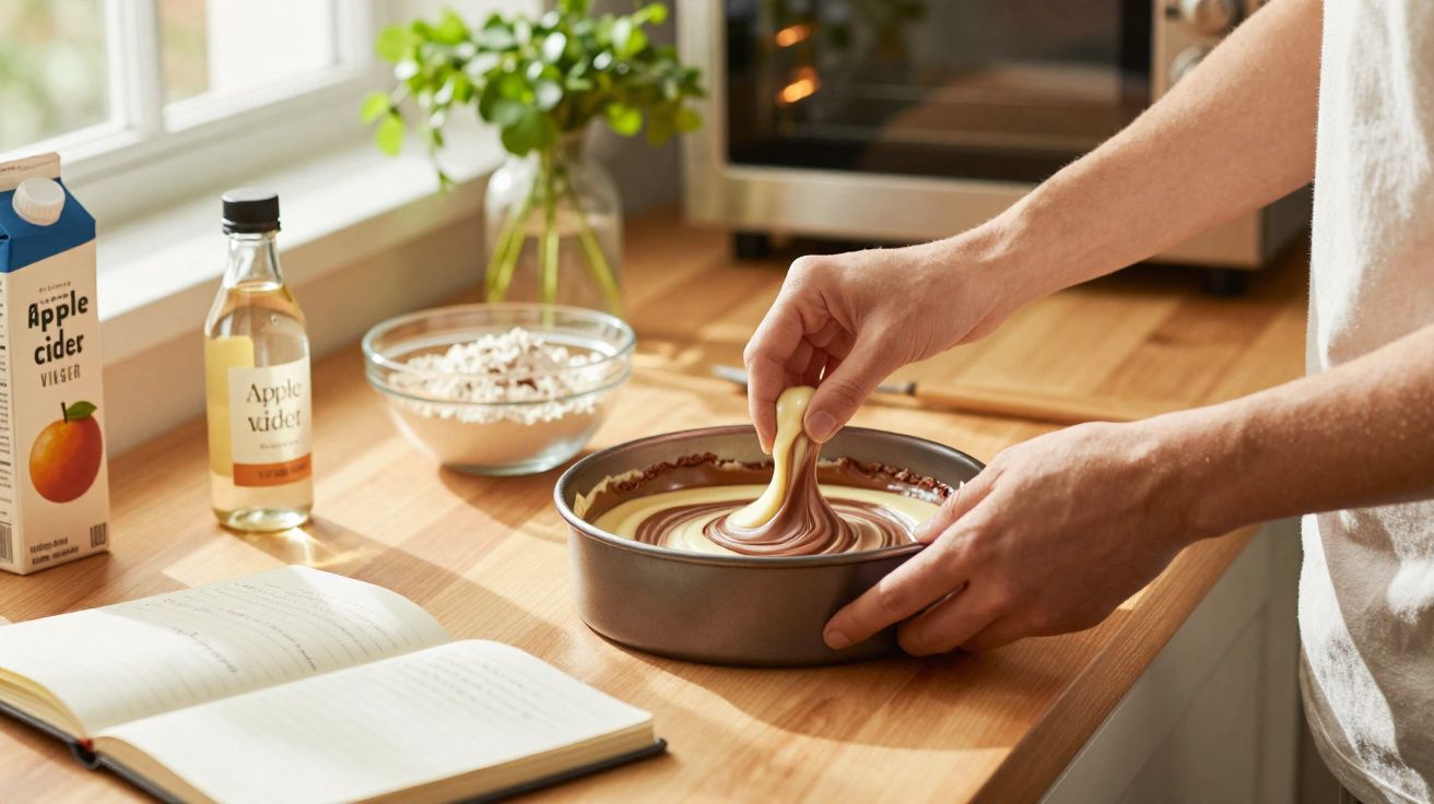 Pessoa fazendo mistura marmorizada de massa de bolo com chocolate na cozinha bem iluminada.