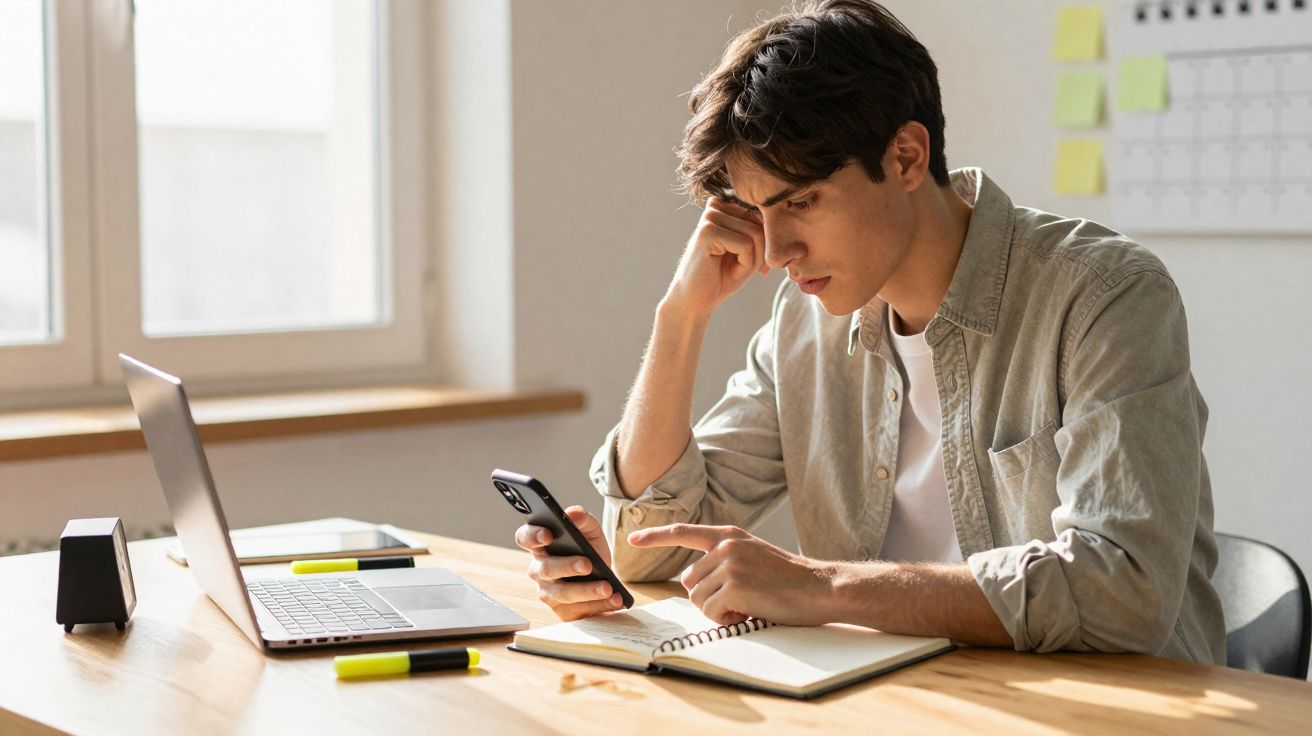Jovem homem sentado à mesa, concentrado no celular, com notebook e caderno aberto à sua frente.