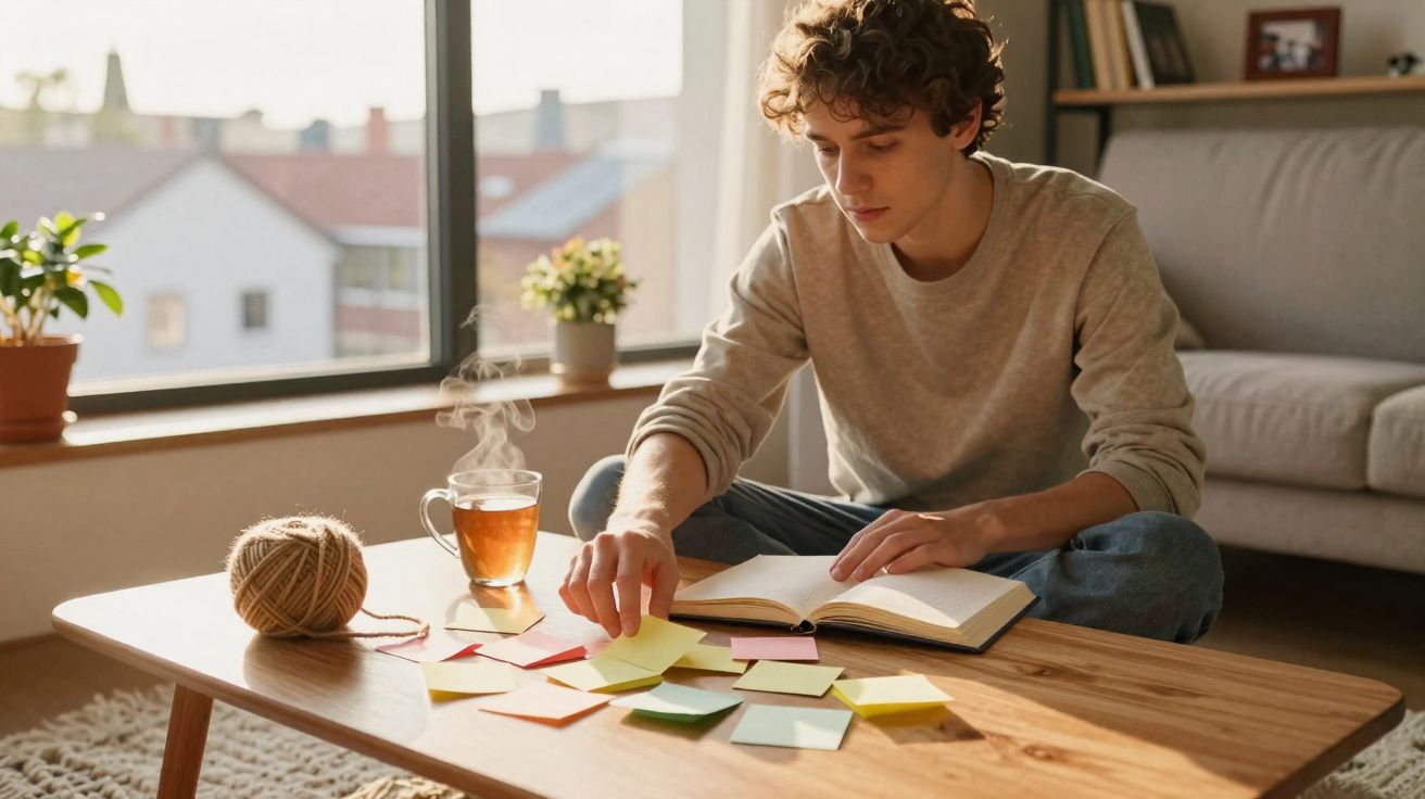 Jovem sentado no chão organizando post-its coloridos sobre mesa de madeira com livro e chá quente ao lado.