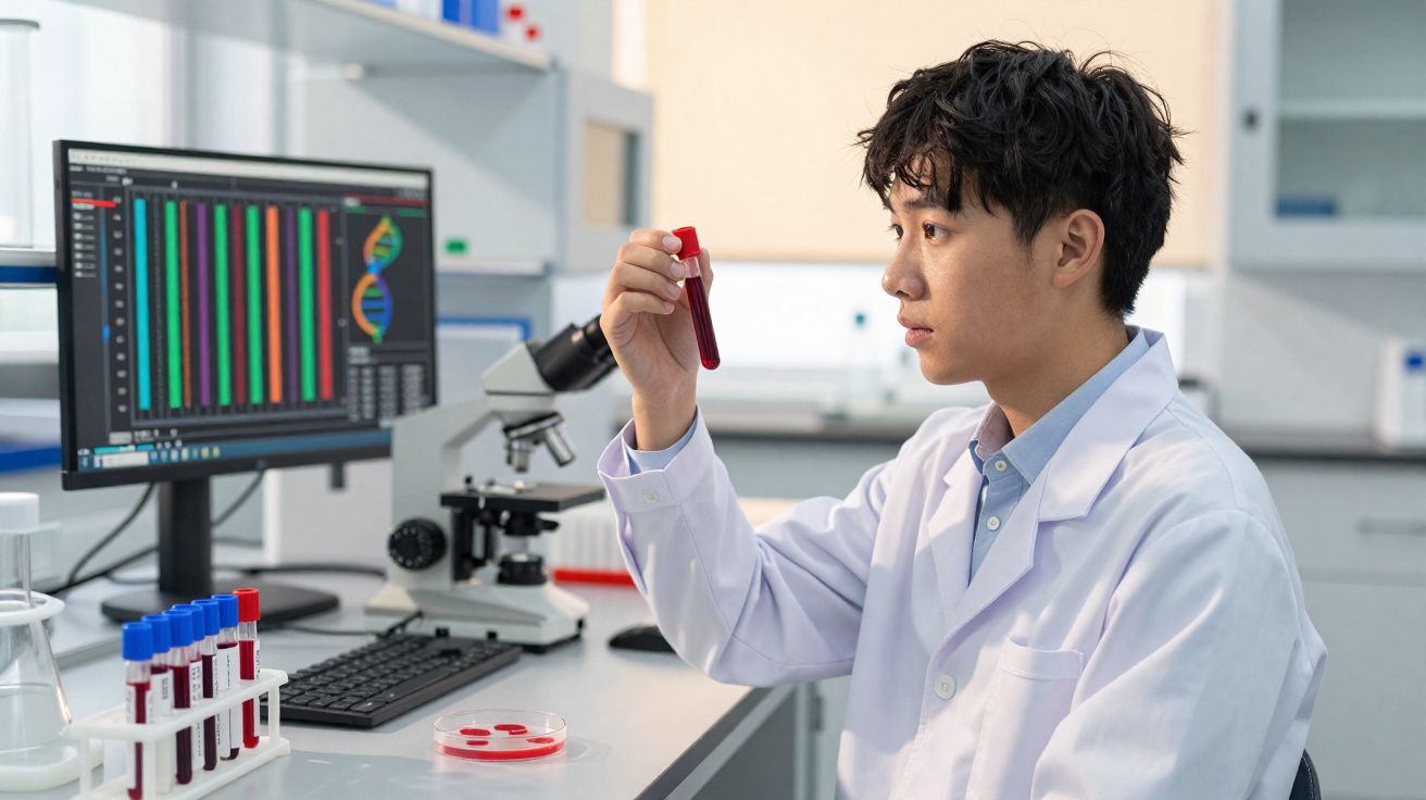 Cientista analisando tubo de ensaio com sangue em laboratório moderno com microscópio e dados genéticos na tela.