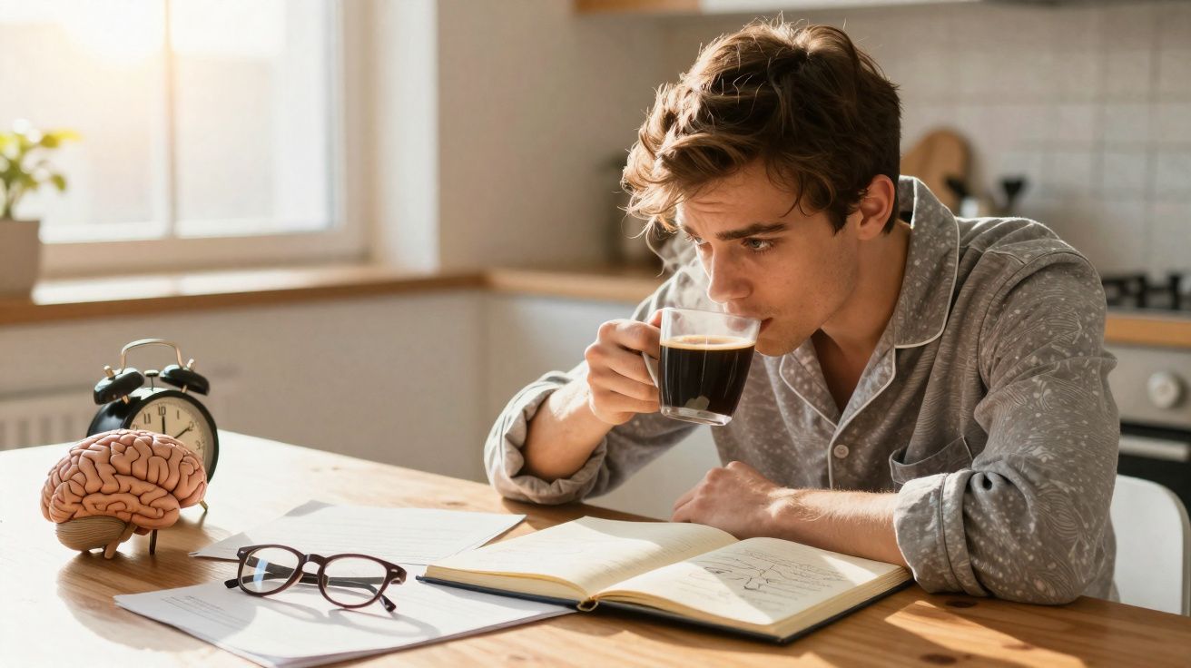 Jovem sentado à mesa estudando com livro aberto, bebendo café e objetos pessoais ao redor.
