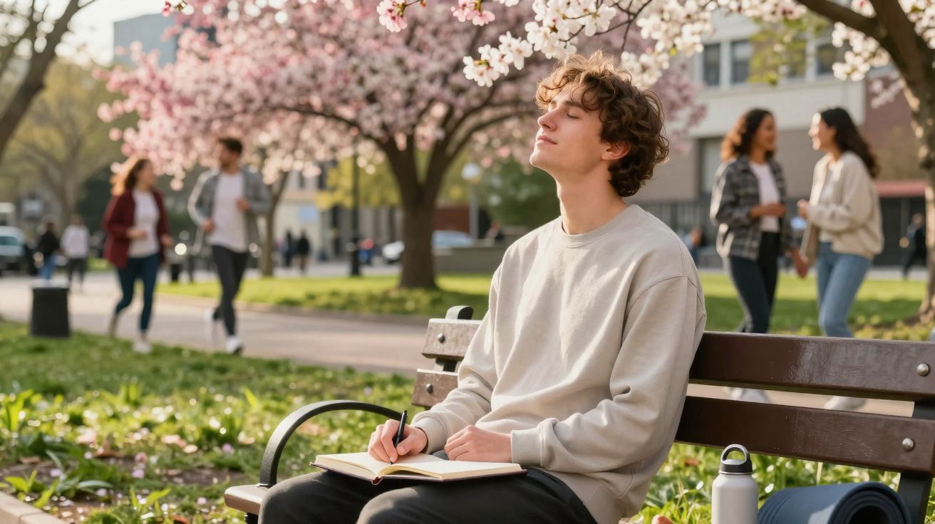 Jovem sentado em banco de parque escrevendo em caderno sob árvore com flores de primavera.