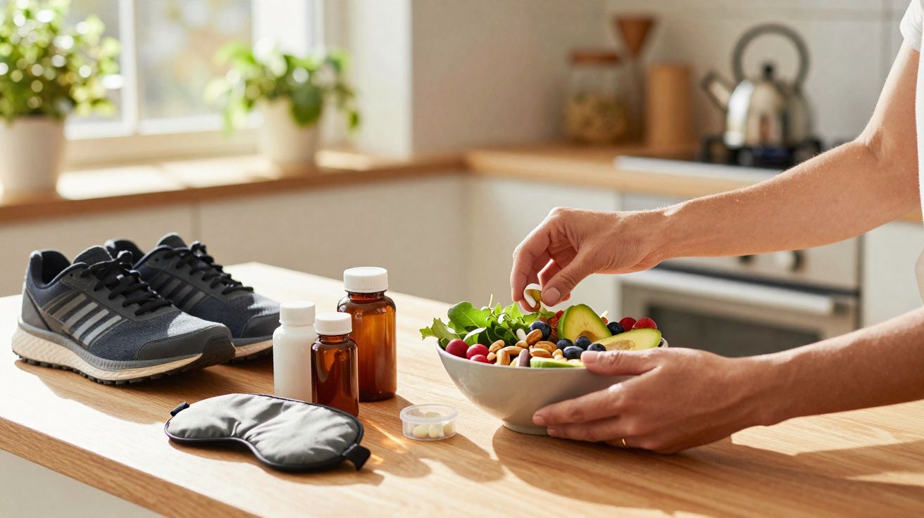Pessoa preparando salada com cápsulas, ao lado de tênis, frascos de remédio e máscara para dormir em bancada.
